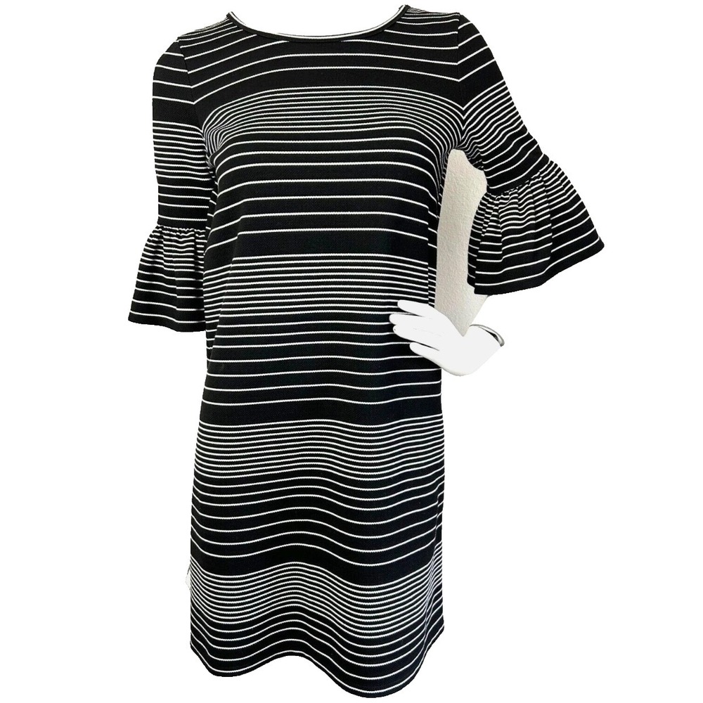 Max Studio Dress Size X-Small Black-White Stripe Knit Stretch Half Flare Sleeve